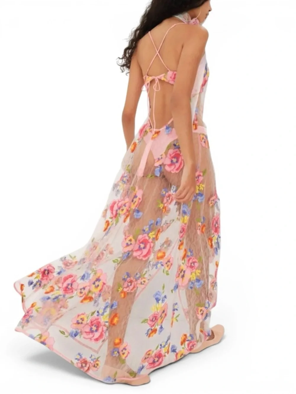 For Love & Lemons Pink Floral Maxi Dress with Multicolor Embroidery